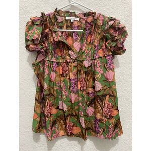 Rose‎ & Olive Floral Ruffle Smocked Blouse Top Womens Medium Green Pink
